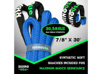 30FT Kinetic Recovery Rope Kit with Lightweight Soft Shackles - Blue