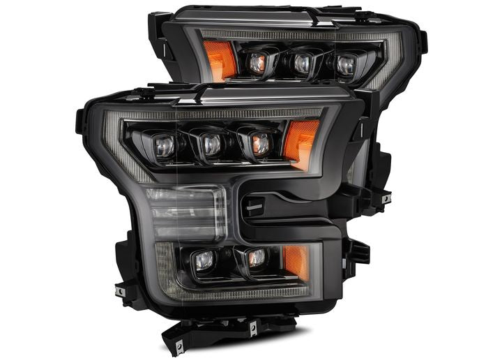 Introducing the AlphaRex USA 15-17 F150/17-20 RAPTOR NOVA SERIES LED PROJECTOR HEADLIGHTS: modern car headlights featuring multiple LED bulbs and amber turn signals, boasting a sleek, angular design with black housing and clear lenses.