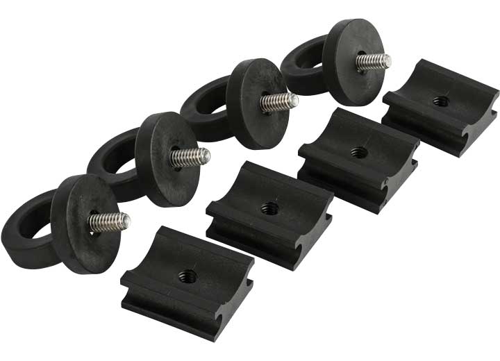 The Bedslide 4-Piece Heavy-Duty D-Ring Tie-Down Kit for Secure Cargo Transportation includes four black circular knobs with threaded metal screws at their centers and four black rectangular mounting brackets with two rows of threaded holes, all displayed on a white background.