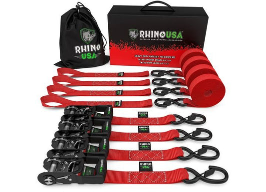 Rhino USA - Heavy - Duty 1.6IN x 8FT Ratchet Tie - Down Straps (4 - Pack) in Vibrant Red