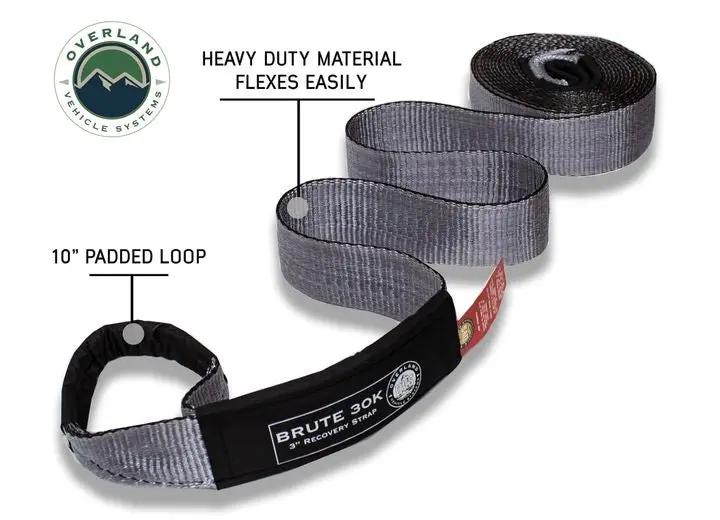 Overland Vehicle Systems / Up Down Air - Heavy - Duty 30,000 LB Towing Strap - 3" x 30' Gray with Black Ends & Storage Bag