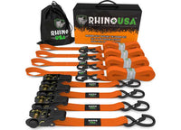 Rhino USA - Heavy - Duty Orange Ratchet Strap Tie - Downs - 1 Inch x 15 Feet (Set of 4)