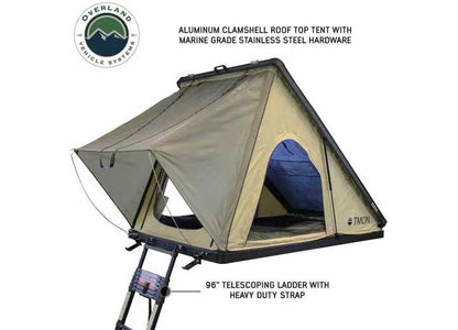 Overland Vehicle Systems / Up Down Air - LD TMON - TAN & GREEN 2 - PERSON CLAMSHELL ALUMINUM ROOF TOP TENT