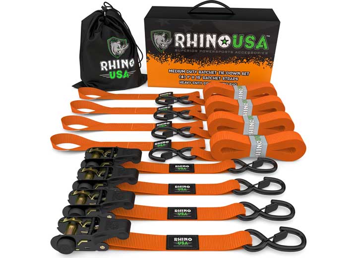 Heavy-Duty Orange Ratchet Strap Tie-Downs - 1 Inch x 15 Feet (Set of 4)