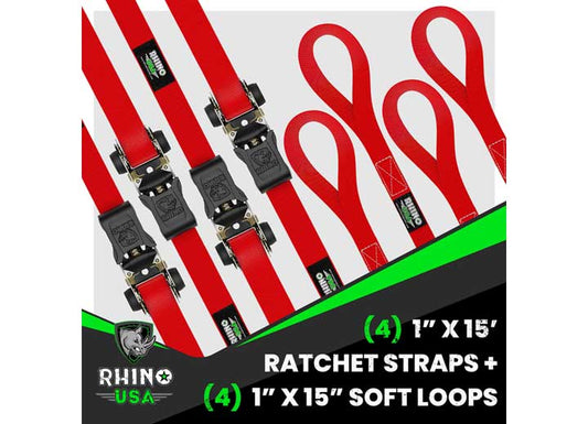 Red Medium Duty Ratchet Straps - 1in x 15ft (Set of 4) for Secure Cargo Transport