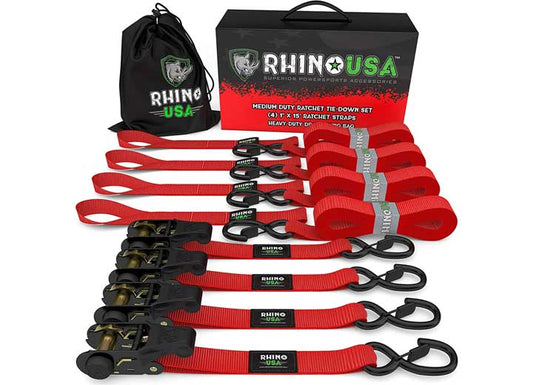 Red Medium Duty Ratchet Straps - 1in x 15ft (Set of 4) for Secure Cargo Transport