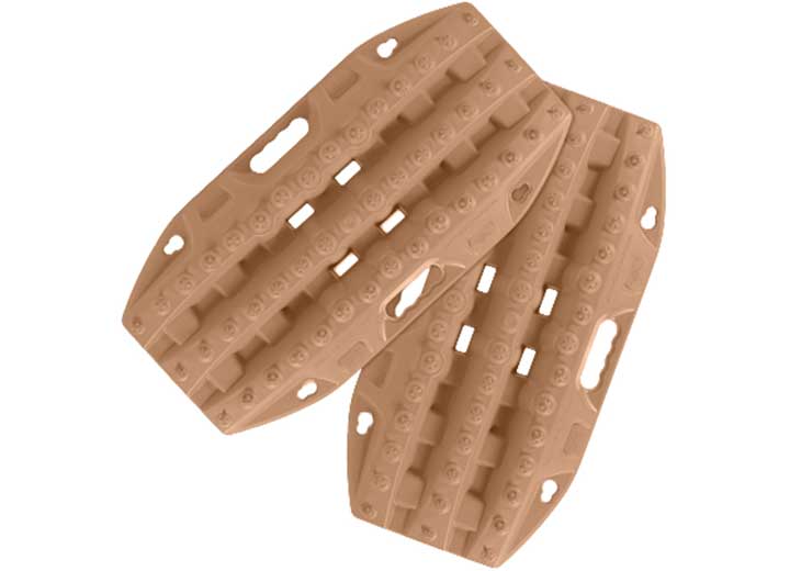 A pair of MAXTRAX MINI Desert Tan Recovery Boards, designed by MAXTRAX for vehicle retrieval on challenging terrain like sand, mud, or snow. Each board features raised treads and handles cut out along the edges to provide grip and support for tires during off-road adventures.