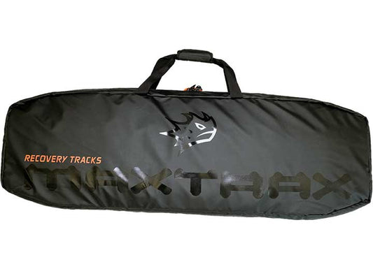 The MAXTRAX BLACK CARRY BAG is a black storage bag with a handle on top, designed to hold recovery tracks. It features the Maxtrax logo along with the text "MAXTRAX" in large letters and "RECOVERY TRACKS" in smaller orange letters, making it perfect for off-road adventures with your recovery boards.