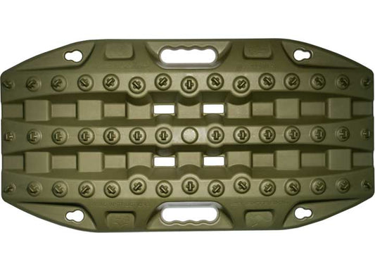 An olive drab MAXTRAX MINI JAXBASE COMBO traction board designed for vehicle recovery. Ideal for off-road enthusiasts, it features handles for easy carrying, a rugged surface for traction, and mounting holes. Its textured design provides grip in challenging situations like mud, sand, or snow.