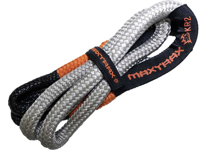 A coiled, high-strength MAXTRAX KINETIC ROPE-2M made from durable nylon features one black end and one orange end. It is secured with a black strap labeled "MAXTRAX KINETIC ROPE" and another strap marked "KR2". This textured, braided rope is specifically designed for off-road recovery.
