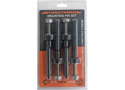 A packaging of the MAXTRAX MOUNTING PIN SET MKII/X-SERIES is displayed. The set, produced by MAXTRAX, includes four long black pins with accompanying nuts and washers, designed to fit Maxtrax MKII and Maxtrax Xtreme recovery boards. The packaging enhances your off-road experience with its striking orange and black design featuring white text and a logo.