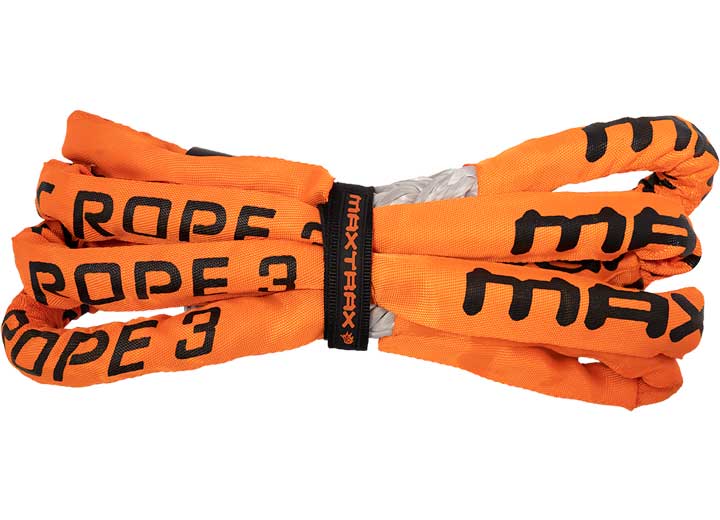 An orange recovery rope, wrapped with a black strap and labeled with "MAXTRAX STATIC ROPE-3M" from MAXTRAX, showcases its high load capacity.