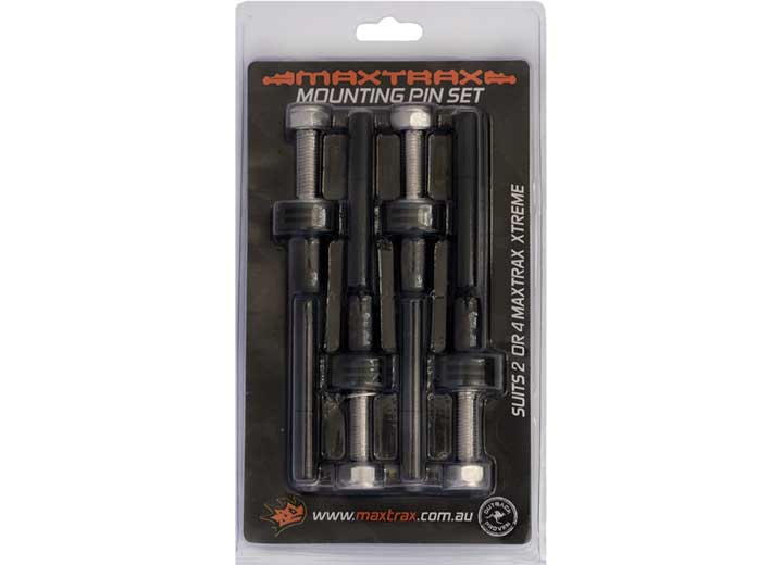 The MAXTRAX MOUNTING PIN SET X-SERIES, an ideal accessory for off-road enthusiasts, comes with four metal pins in a clear plastic blister pack. The dark packaging accented with bold orange text prominently features the MAXTRAX branding and product details, confirming its compatibility with MAXTRAX Xtreme recovery tracks.