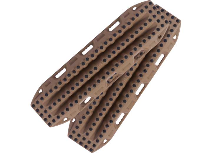 A pair of MAXTRAX XTREME DESERT TAN RECOVERY BOARDS from MAXTRAX are overlapped in an X-shape. These boards feature multiple rows of raised black traction nodules and have several oval-shaped handles and mounting holes along the edges for easy carrying and secure placement during your off-road adventures.