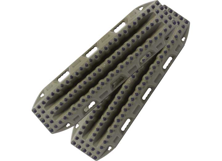 A pair of MAXTRAX XTREME OLIVE DRAB RECOVERY BOARDS from MAXTRAX, featuring multiple cut-out handles and raised, studded surfaces engineered for vehicle recovery in off-road conditions. The stacked boards exhibit their rugged and versatile design.