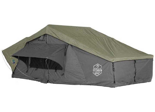 N2E NOMADIC 2 Extended Rooftop Tent with Green Rainfly and Gray Body
