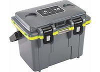 A dark gray Pelican IM 14QT Elite Cooler with evergreen accents, featuring a sturdy side handle and two black latches on the front. Ideal for outdoor enthusiasts, its lid has a black label with the Pelican logo and the number 14.