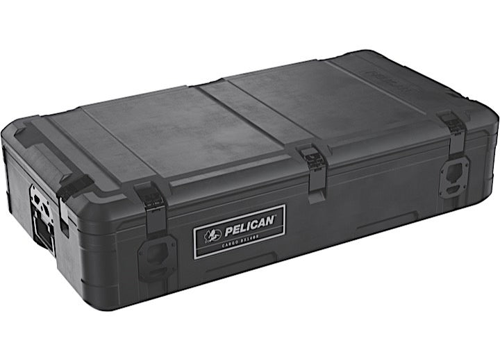 A sturdy Pelican Large 140L Cargo Case for Roof Storage - Durable Black Outdoor Gear Protector with durable latches is pictured. The rectangular hard-shell case is designed for heavy-duty protection and has reinforced corners for enhanced durability. Ideal for roof storage during outdoor adventures, the Pelican logo is prominently displayed on the front.