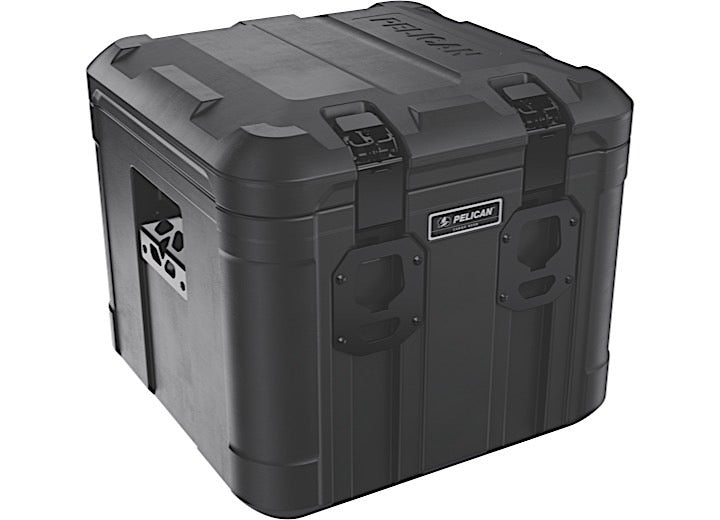 The Pelican 50L Cube Cargo Case in black is a durable waterproof storage solution designed for outdoor adventures. It features reinforced corners, side handles, dual latches, and prominently displays the brand name "Pelican." This heavy-duty case is crafted for protective storage and transport.