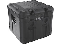 The Pelican 50L Cube Cargo Case in black is a durable waterproof storage solution designed for outdoor adventures. It features reinforced corners, side handles, dual latches, and prominently displays the brand name "Pelican." This heavy-duty case is crafted for protective storage and transport.