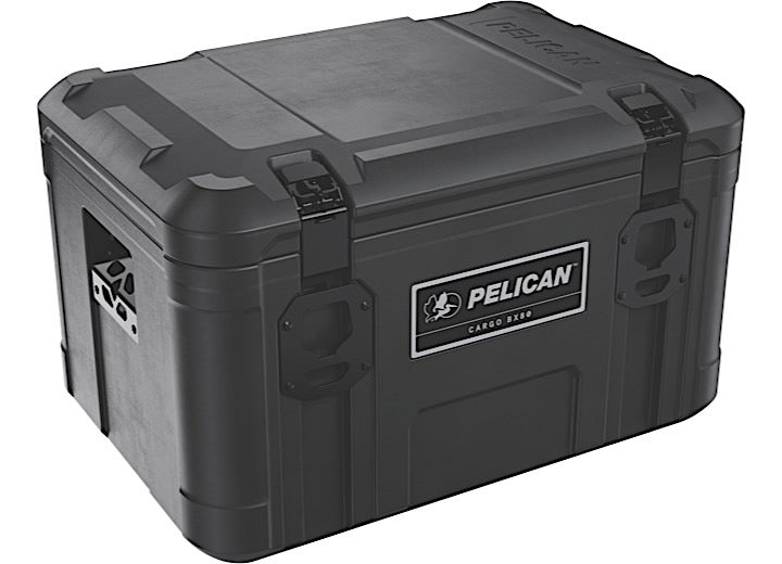 A small trunk Pelican Cargo Case with an 80L capacity, features a durable black design, reinforced edges, and two front latches. The box displays a label reading "PELICAN CARGO BX90" next to the Pelican logo. Its weather-resistant construction indicates it's built for heavy-duty travel and storage use.