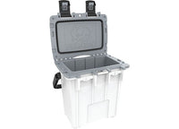 A Pelican Elite 20QT Insulated Cooler in White and Gray is open, revealing its spacious compartment with a grey interior and lid. Embossed with the Pelican logo, the lid features two black latches to secure the cooler. Ideal for outdoor adventures and tailgating, this cooler ensures your items stay pristine.