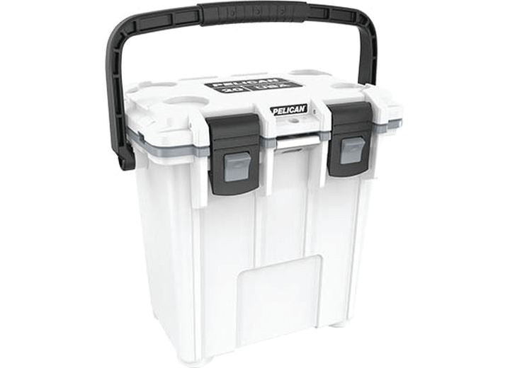 Introducing the Pelican Elite 20QT Insulated Cooler in White and Gray, featuring a black handle and two gray latches. This well-branded cooler appears robust and is designed to keep items cold, making it perfect for outdoor adventures and tailgating.