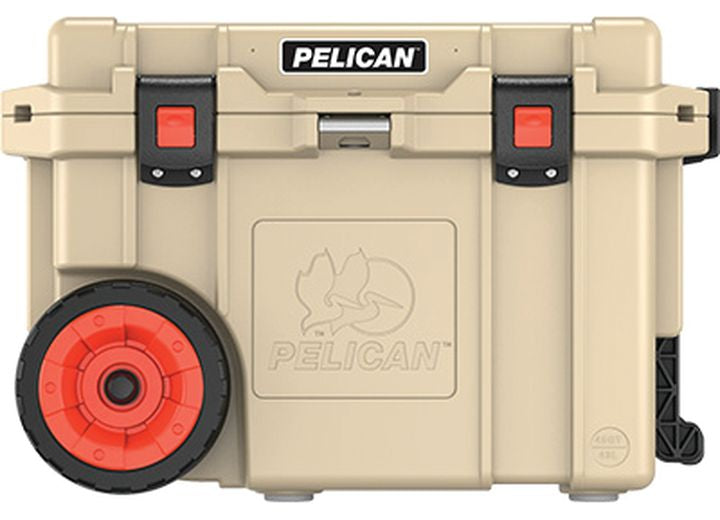 Introducing the RC 45QW Elite Cooler by Pelican, in a durable tan design with superior insulation for outdoor adventures. This cooler features large black wheels with red hubs for easy transport, a molded handle for carrying, and red and black latches. The iconic Pelican logo is embossed on the front, and the brand name is prominently displayed on a black label at the top.