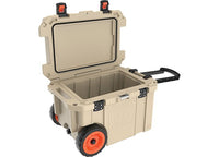 A tan RC 45QW Elite Cooler from Pelican with an open lid. Designed for outdoor adventures, it features two large orange-treaded wheels, a retractable black handle, and secure black latches on the sides. This durable cooler offers superior insulation and has a lid with two orange locking mechanisms and a gray interior.