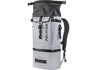 A light grey Pelican 20Qt Cooler Backpack with durable construction, comfortable adjustable shoulder straps, and additional storage. Designed for outdoor enthusiasts, it features the "Pelican" logo vertically printed on the front and offers superior insulation to keep your gear protected.