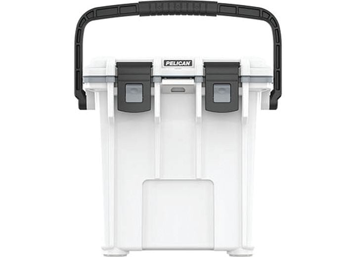 The Pelican Elite 20QT Insulated Cooler in White and Gray features a hinged black handle and two black latches on the front. This sturdy, rectangular-shaped cooler with reinforced corners is perfect for outdoor adventures and tailgating. The brand name "Pelican" is displayed prominently in the center above the latches.