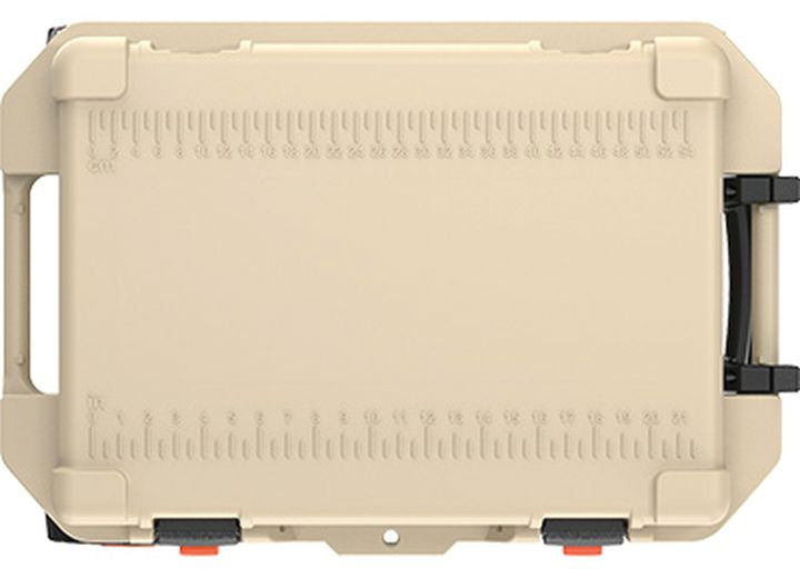 An image of the Pelican RC 45QW Elite Cooler, featuring a durable tan design with robust black and orange latches on the edges. The cooler has a sturdy black handle on one side and a ruler etched onto the top surface, indicating its purpose for protecting and carrying delicate items during outdoor adventures.