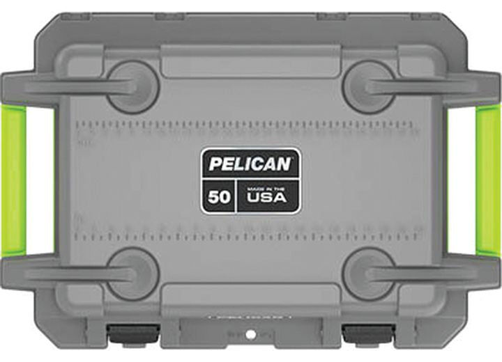 Top view of a dark grey 50 QT Elite Cooler by Pelican, labeled "PELÍCAN 50, MADE IN THE USA," with evergreen side handles and bottom latches. Featuring advanced insulation technology, this durable cooler includes indentations and markings for measurements, making it the perfect outdoor companion for camping and other activities.