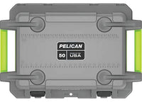 Top view of a dark grey 50 QT Elite Cooler by Pelican, labeled "PELÍCAN 50, MADE IN THE USA," with evergreen side handles and bottom latches. Featuring advanced insulation technology, this durable cooler includes indentations and markings for measurements, making it the perfect outdoor companion for camping and other activities.