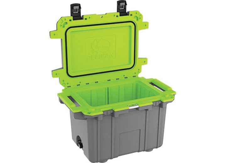 A Pelican 50 QT Elite Cooler in Dark Grey and Evergreen with its lid open, showing a spacious interior. The lid features dual black latches for secure closure and a rubber gasket for advanced insulated technology. This outdoor companion is equipped with two side handles for easy carrying, making it ideal for camping and outdoor use.