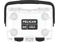 A white and gray Pelican Elite 20QT Insulated Cooler, prominently labeled "Pelican" and "Made in the USA," features a black handle and hinge clasps. The front displays the number "20," identifying it as the Elite 20QT model. Its sturdy design and excellent insulation make it perfect for outdoor adventures and tailgating.