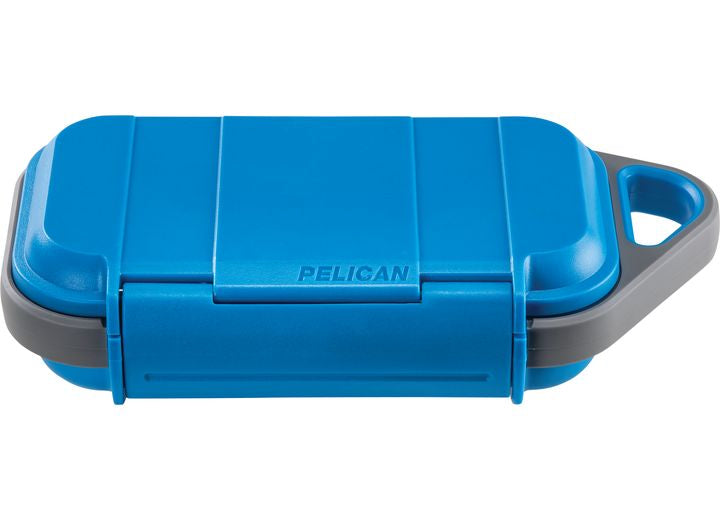 The Pelican Go Case G40 - Durable Surf Blue/Grey Waterproof Protection for Your Gear, combines Pelican's signature protective storage with a secure latch and a robust handle on one side. This rectangular case offers waterproof protection and impact-resistant materials, making it ideal for carrying and safeguarding small items or devices.