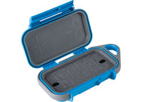 The Pelican Go Case G40, a durable surf blue and grey hard-shell protective case by Pelican, is shown open to reveal its padded interior. Featuring a hinged lid, carabiner clip for easy attachment, and multiple slots and compartments for storage, this case is made from impact-resistant materials and offers waterproof protection for your gear.