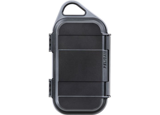 The Pelican Go Case G40 in Anthracite/Grey features a sturdy, compact design measuring 12" x 10" x 6". This durable case from Pelican boasts a high-impact polymer exterior and a secure latch on the right side, with a triangular loop at the top for easy attachment to bags or keychains.