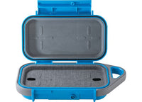 A Pelican Go Case G40 - Durable Surf Blue/Grey Waterproof Protection for Your Gear is open, displaying its top and bottom sections. This rectangular, blue carrying case is made of plastic with a grey fabric-lined interior. It features a handle on one end and is constructed from impact-resistant materials, making it ideal for protecting small items or equipment.