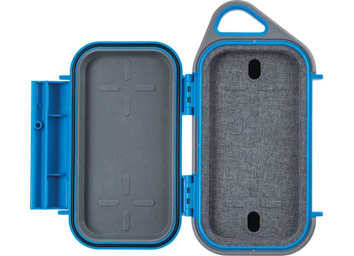 Introducing the Pelican Go Case G40 - a durable, waterproof hard-shell case in Surf Blue/Grey. Its open, rectangular design features a soft, fabric-lined interior on the right side and a smoother, padded interior on the left side. Crafted from impact-resistant materials, this case also includes a large triangle-shaped handle with a round cut-out on top for easy carrying.