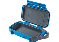 A Pelican Go Case G40 in durable Surf Blue/Grey is shown open, revealing a molded interior designed to securely hold small items. The case boasts impact-resistant materials, a sturdy latch, and a handle on one end for easy carrying. The interior is lined with protective material for waterproof protection.