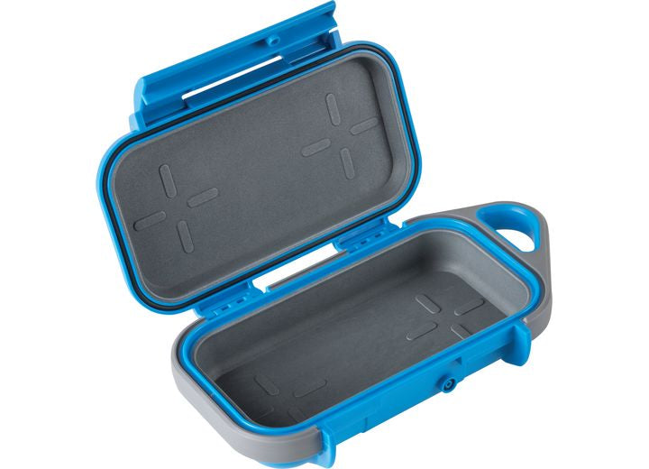 The Pelican Go Case G40 in Surf Blue/Grey is a small, rectangular protective case that opens to reveal a black interior with a molded pattern. Made from impact-resistant materials and offering waterproof protection, this Pelican case features a snap closure and a hole for attaching a lanyard or keychain, making it ideal for securely carrying small personal items.