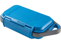 The Pelican Go Case G40 in durable Surf Blue/Grey offers superior waterproof protection for your gear. This rectangular case features a secure latch, an impact-resistant design, and a grey loop on one end for easy carrying or attachment. The front of the case proudly displays the Pelican brand name.