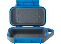 A Pelican Go Case G40 in Durable Surf Blue with Grey features a waterproof design and is shown open, revealing its gray interior lining. The case includes a hinged lid with four inset grooves and a small handle on one side for easy carrying, crafted from impact-resistant materials.