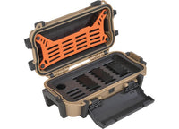 A durable tan Pelican Ruck Case R20 - Tactical Backpack for Outdoor Adventure and Gear Protection is shown with a black interior and an orange lid insert. The case is open, revealing various compartments and slots designed to securely hold different items. The latches are visible, ensuring the case can be securely fastened during outdoor adventures.