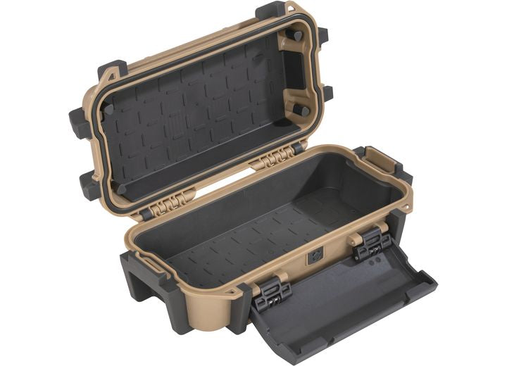 A durable tan Pelican Ruck Case R20, designed for outdoor adventures and gear protection, sports a rectangular shape with hinged locking mechanisms. Perfect for your tactical backpack, this case features a textured inner surface and external latches to securely store small items or equipment.