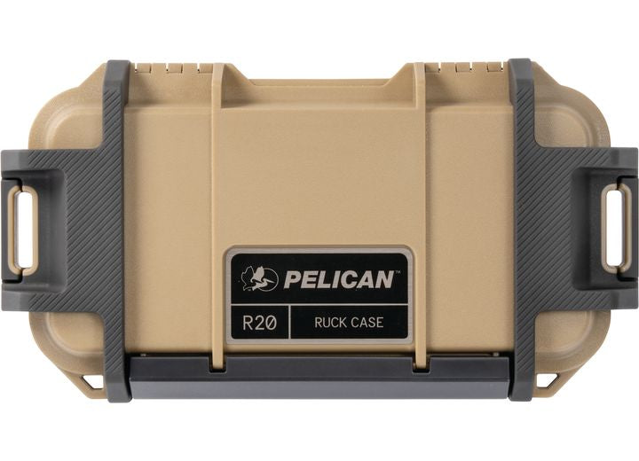 A tan Pelican Ruck Case R20, branded with the Pelican logo and "R20 RUCK CASE" on the front, is perfect for outdoor adventures. This durable tactical backpack features sturdy side handles and a secure latch mechanism, showcasing its rugged design ideal for gear protection.