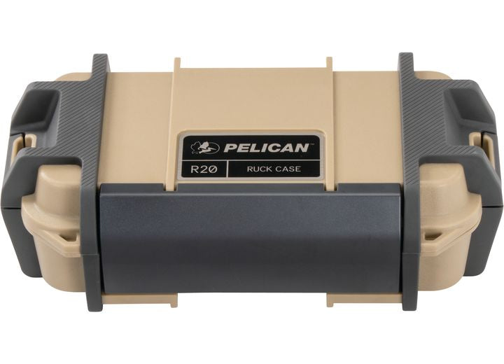 The Pelican Ruck Case R20 - a durable tan tactical backpack designed for outdoor adventures and gear protection - is perfect for any outdoor enthusiast. Featuring black and gray latches on the top and bottom, it prominently displays the Pelican logo and the "R20 Ruck Case" label on the front.