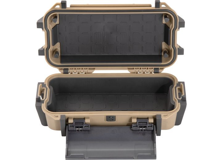 A Durable Tan Pelican Ruck Case R20 is open, showing an empty interior with a diamond-patterned, rubberized lining. This case, made by Pelican, is designed with durable hinges and secure latches in a rectangular shape, making it ideal for outdoor adventures or protecting delicate items in your tactical backpack.